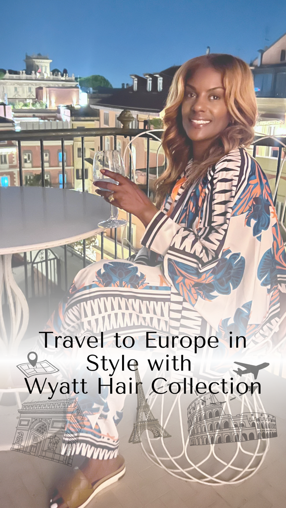 Beautiful black girl with raw hair extensions from Wyatt Hair Collection sitting on patio in Rome, Itatly